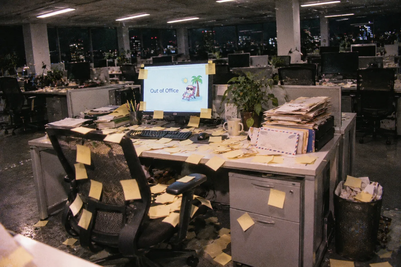 his old desk at night, buried in sticky notes, the monitor showing an out of office screen